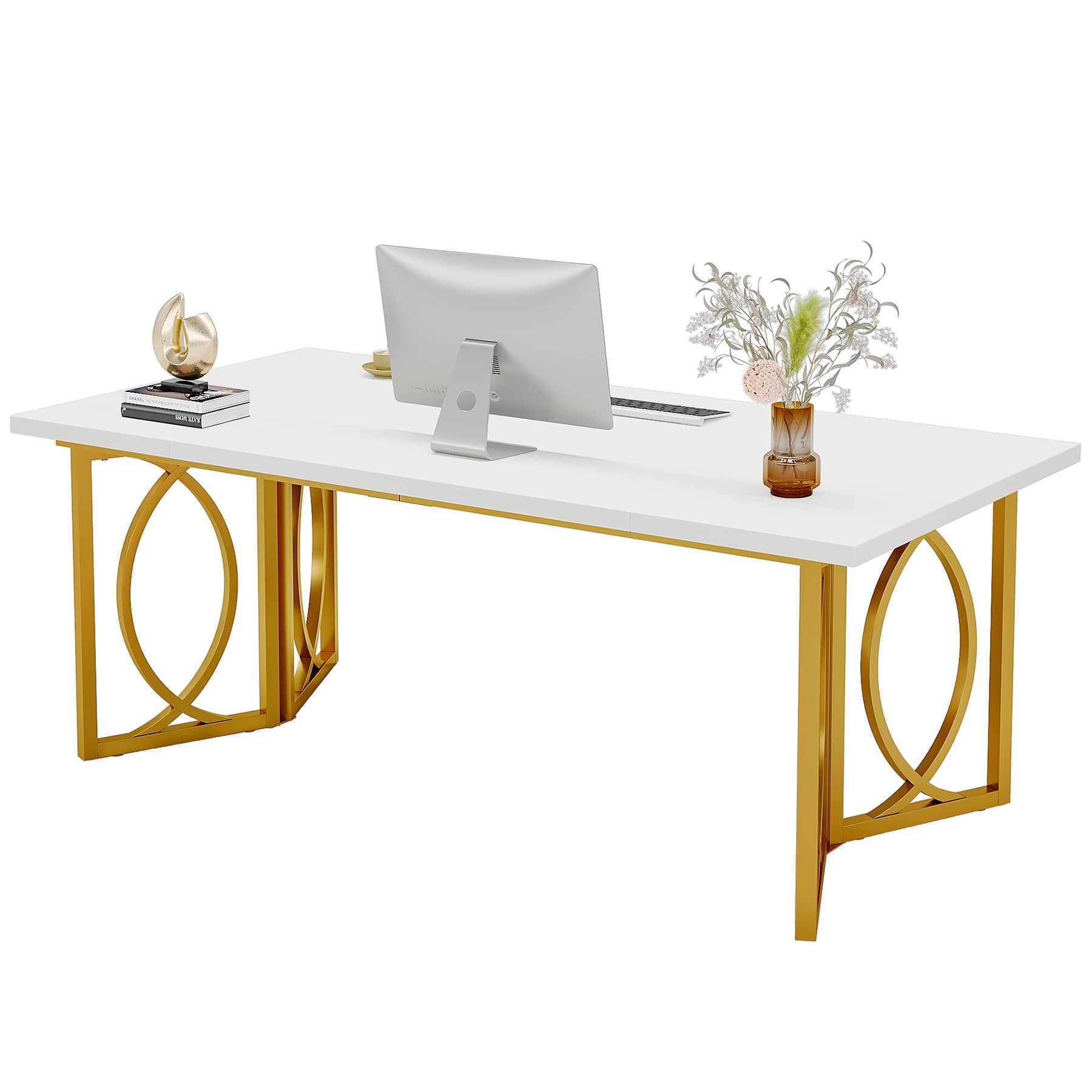 70.9-inch Executive Table, Wood Computer Desk with Metal Frame For Home Office