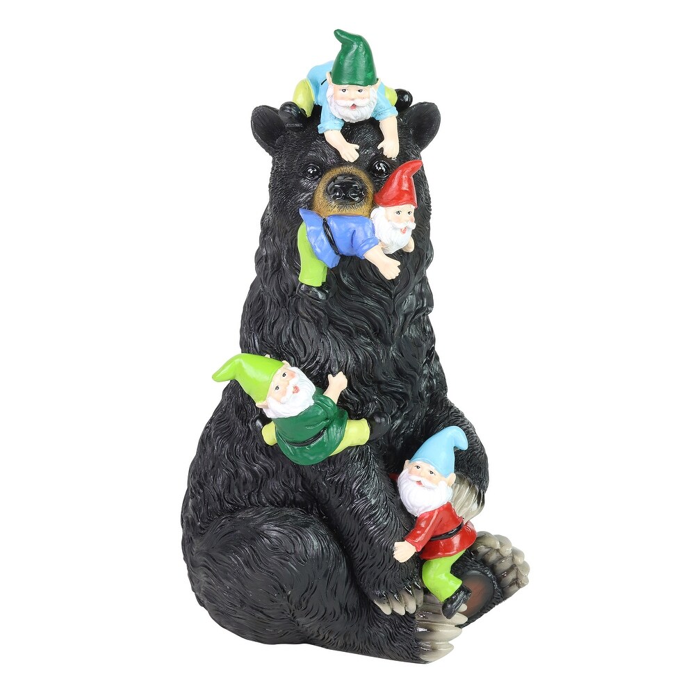 Exhart Bear Garden Statue with Gnomes  Hand Painted  UV Treated Resin  6.5 x 12 Inches