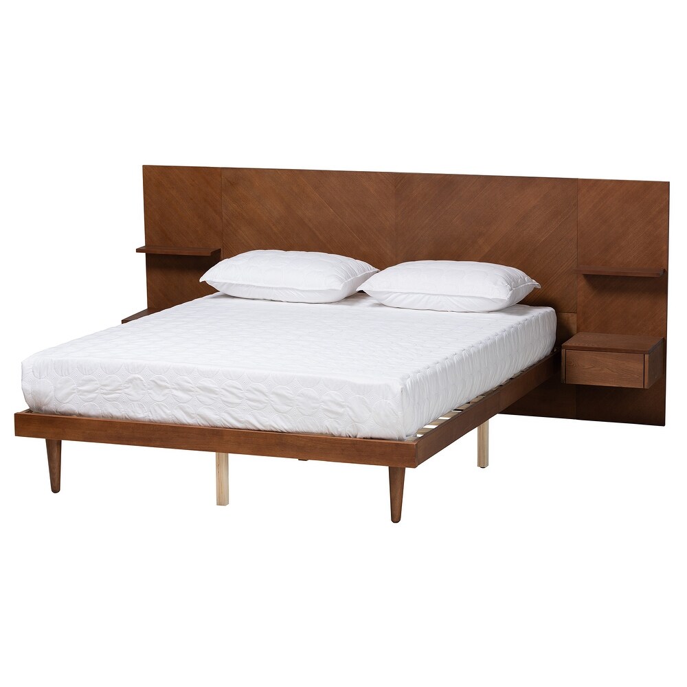 Graham Mid Century Modern Transitional Ash Walnut Finished Wood Queen Size Platform Storage Bed with Built In Nightstands