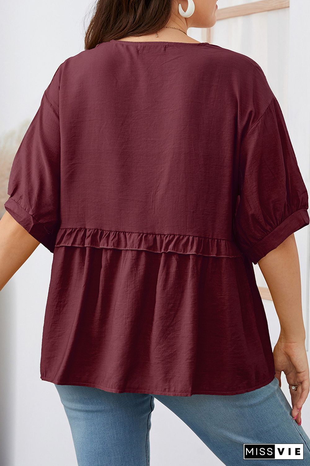 Button Down V Neck Ruffle Plus Size Top