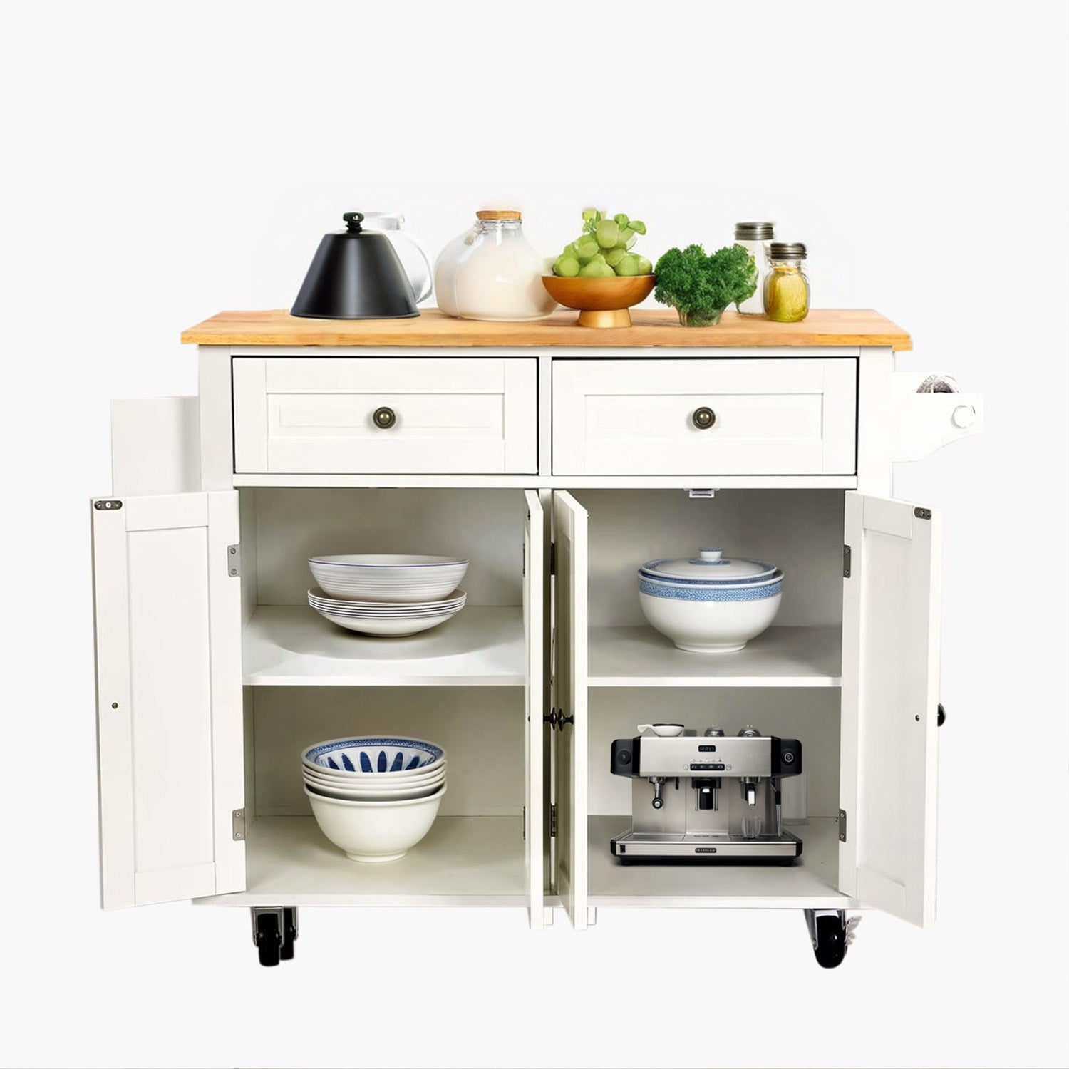 Wide Rolling Kitchen Island 43.3 Inches with Storage, Solid Wood Top and Locking Wheels