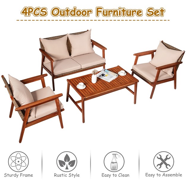 Costway 4pcs Patio Rattan Furniture Set Acacia Wood Frame Cushioned Sofa Chair Garden