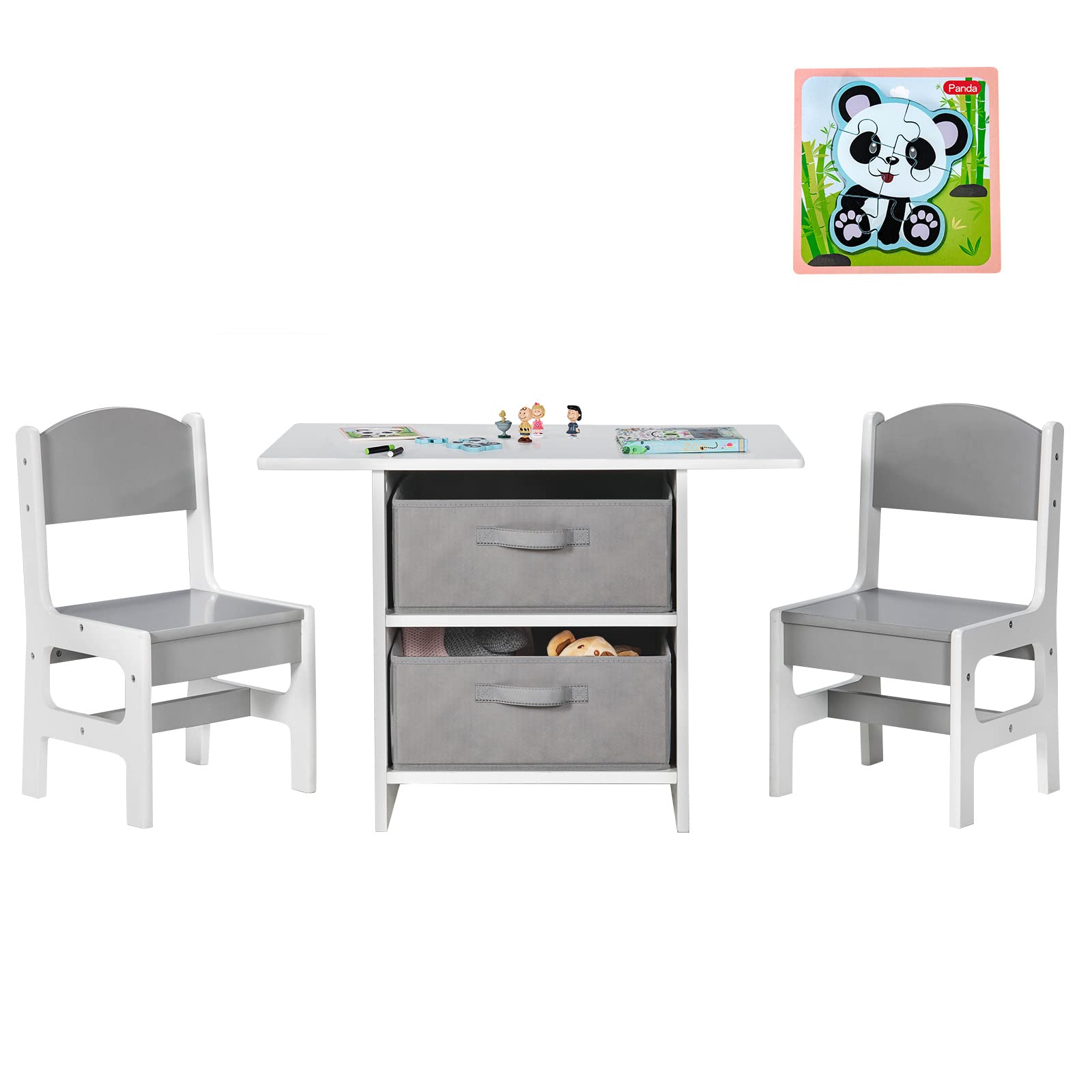 Costzon Kids Table and Chair Set, Wood Activity Table w/Toy Storage Baskets