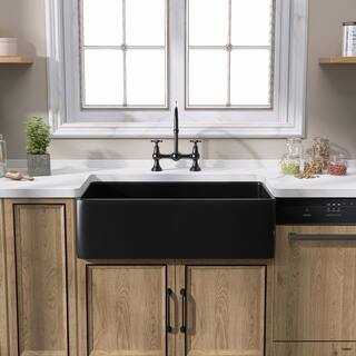 Zeafive 36 in. Fireclay Farmhouse Apron Front Single Bowl Kitchen Sink Matte Black With Bottom Grid and Strainer ZFC3618-B2