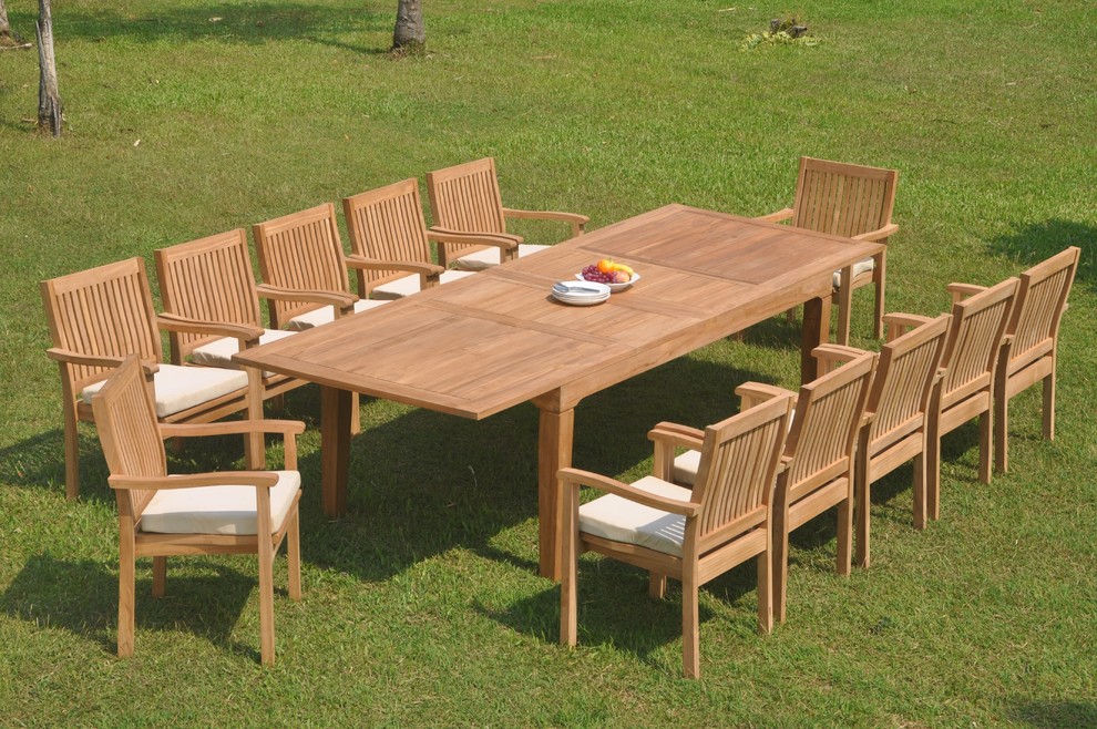 13 Piece Outdoor Teak Dining Set 122 quotRectangle Table  12 Lev Stacking Arm Chair   Transitional   Outdoor Dining Sets   by Teak Deals  Houzz