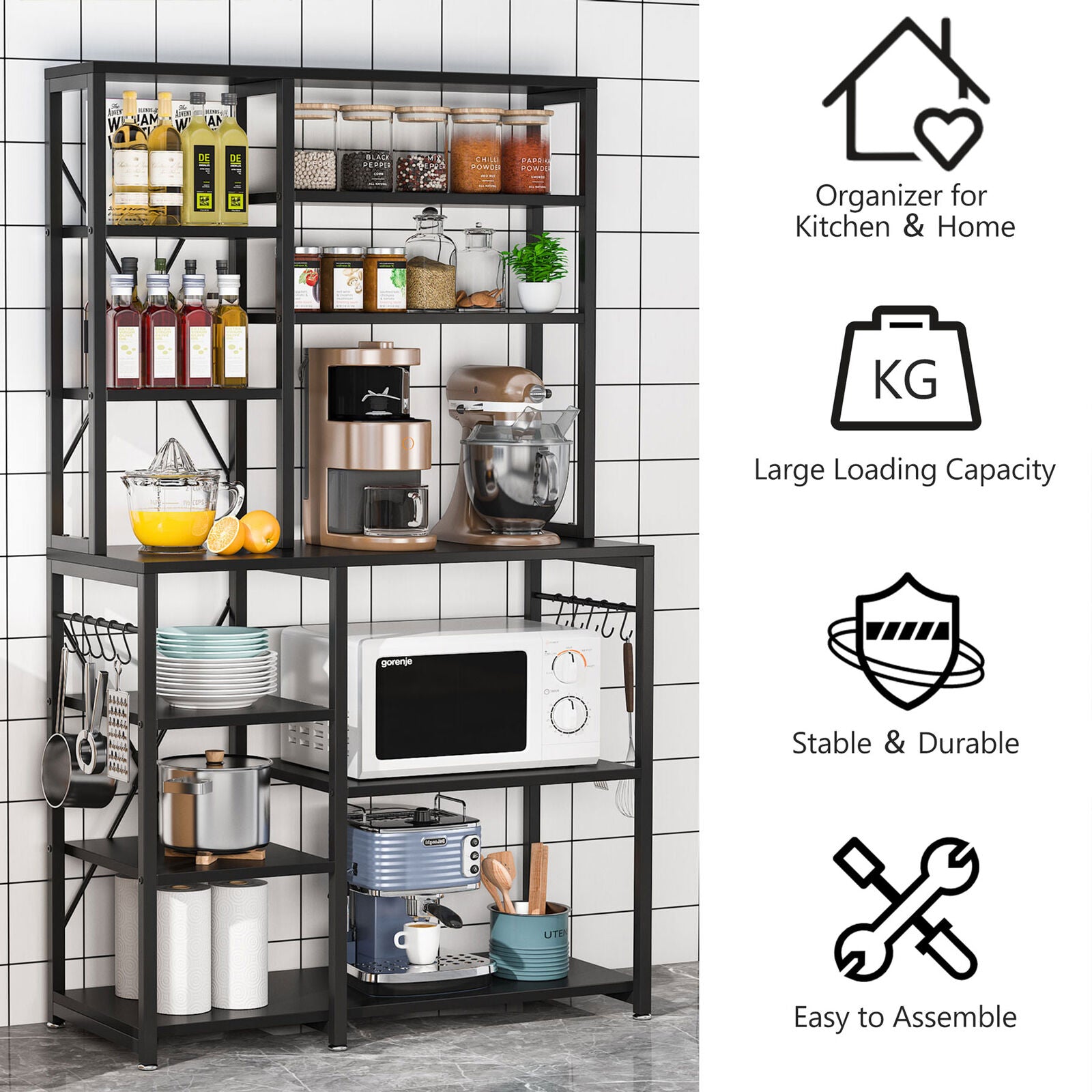 Tribesigns Kitchen Bakers Rack with Hutch， Black Microwave Oven Stand Industrial Storage Shelf