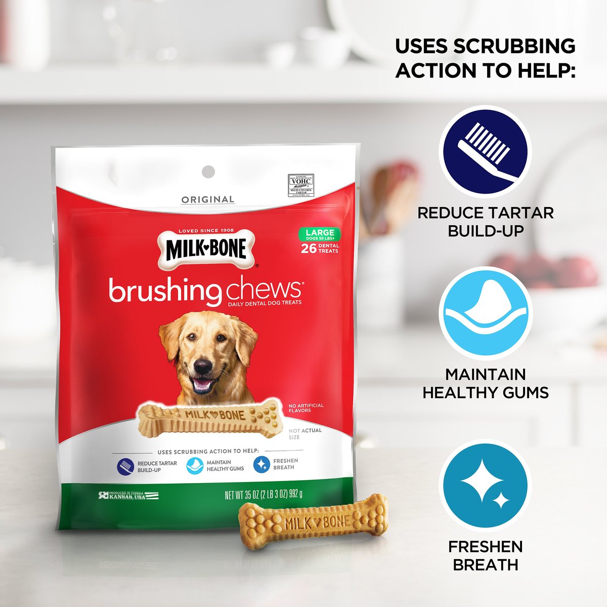 Milk-Bone Brushing Chews Daily Large Dental Dog Treats， 33.7-oz pouch