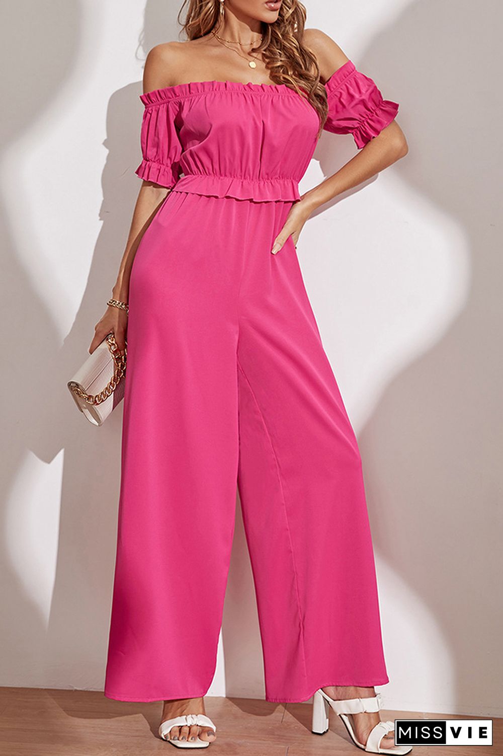 Rose Off Shoulder Ruffles One Piece Jumpsuit