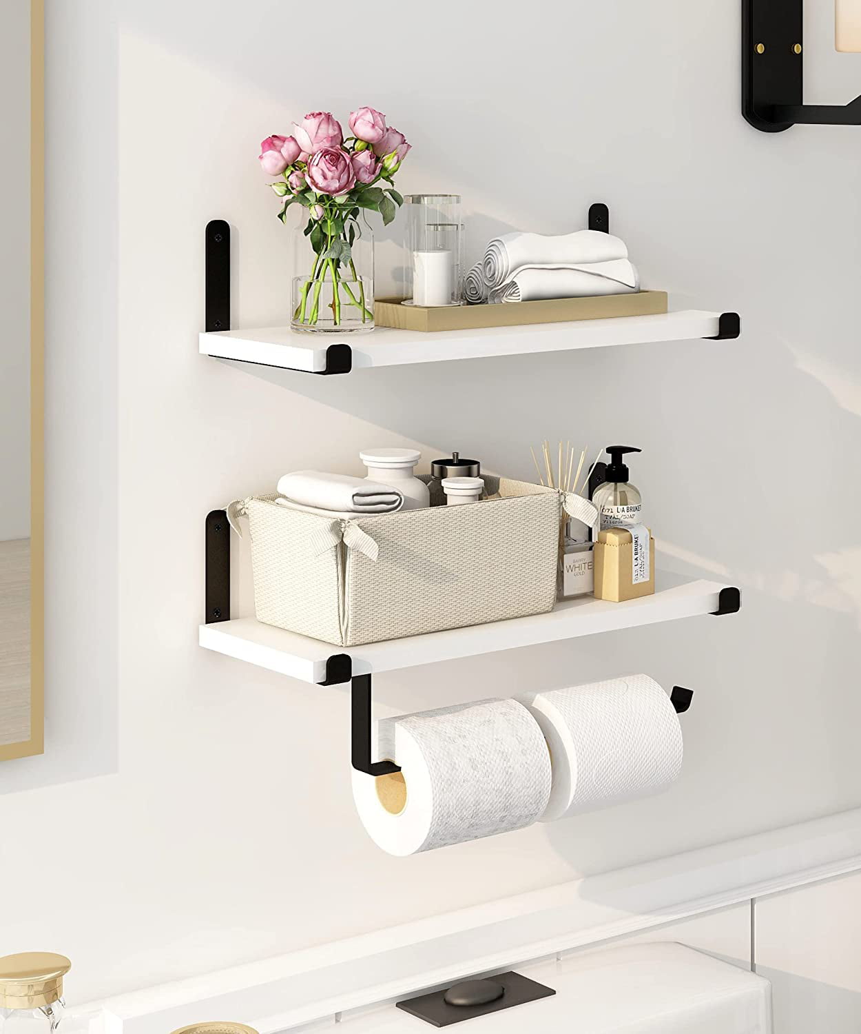 Afuly White Floating Shelves with Towel Bar, Modern Wall Mounted Shelf for Bathroom Set of 2