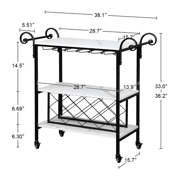 3-Layer Double Armrest Imitation Marble Movable Wood Kitchen Wine Cart