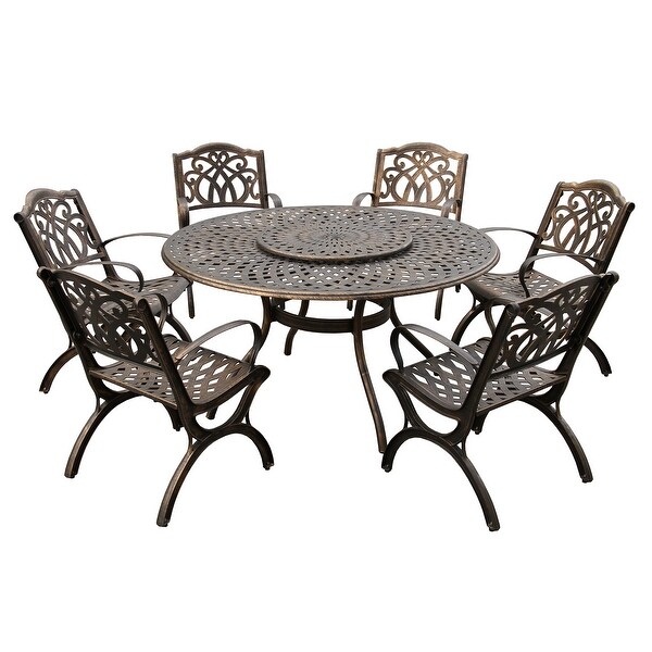 Modern Ornate Outdoor Mesh Aluminum 59in Large Round Patio Dining Set with Lazy Susan and Six Chairs