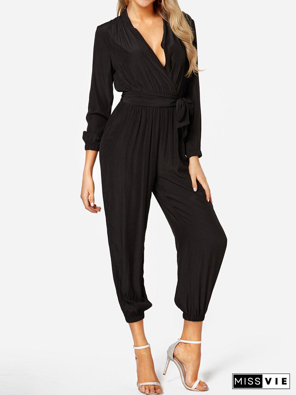 Solid Color Knotted Waistband Long Sleeve Casual Jumpsuit for Women