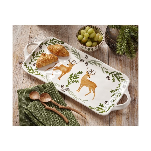 Tagltd Warm Wishes Stag Rectangle Earthenware Serving Platter With Handles 2 Deer With Pinecone amp Greenery Borders On White Background 17 X 9 In