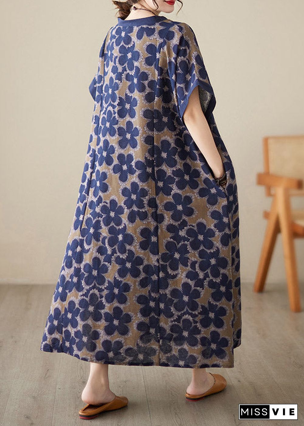 Vintage Blue V Neck Print Robe Dresses Short Sleeve