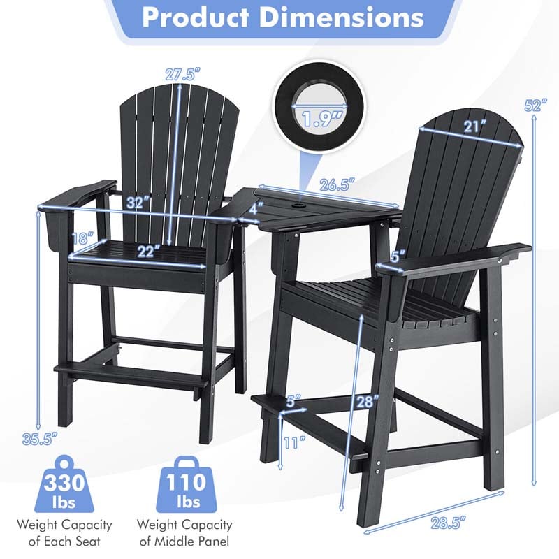 Set of 2 Tall Adirondack Chair, HDPE Adirondack Barstools with Middle Connecting Tray & Umbrella Hole