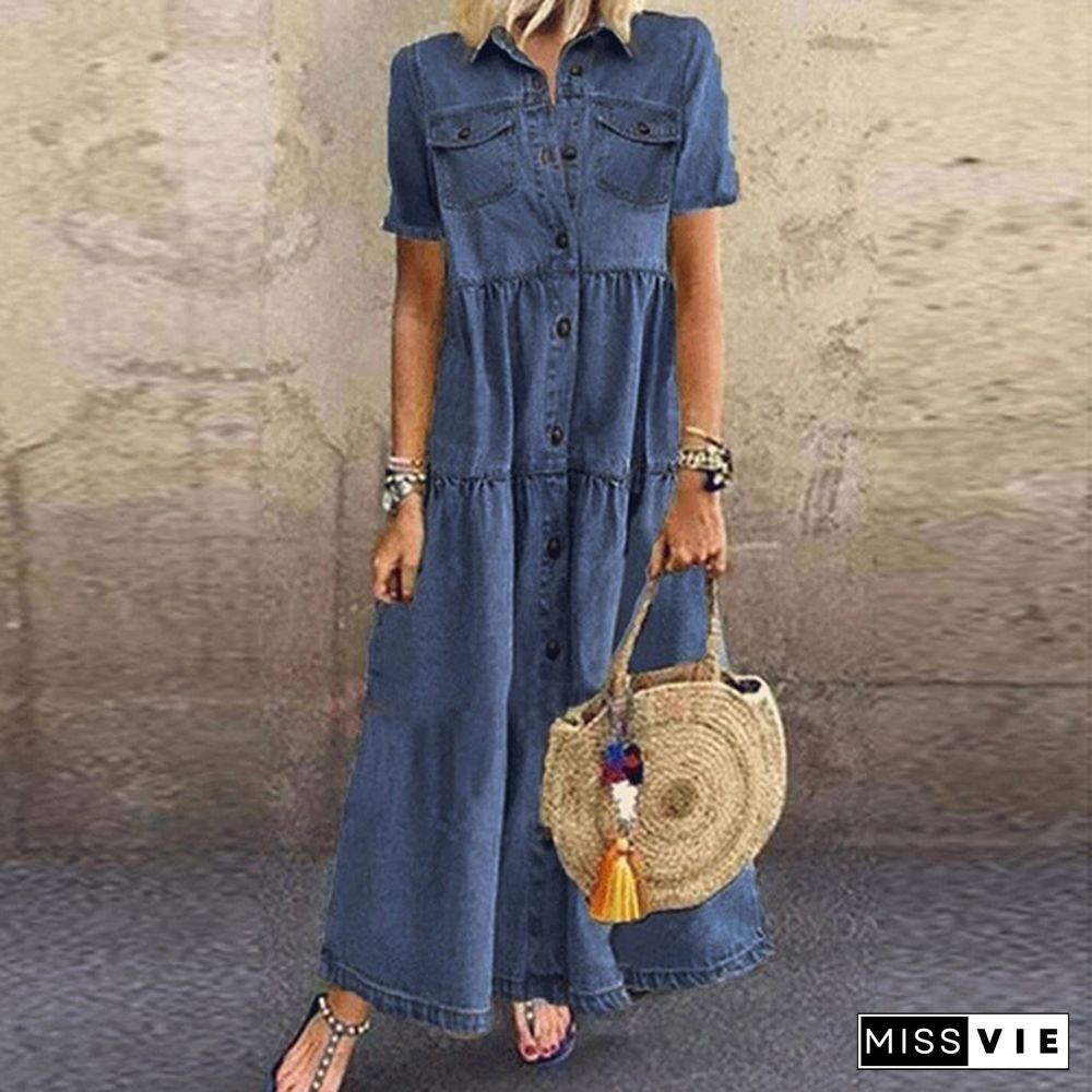 Ladies Summer Autumn Denim Long Skirt Retro Pocket Jeans Long Skirt Ladies Casual