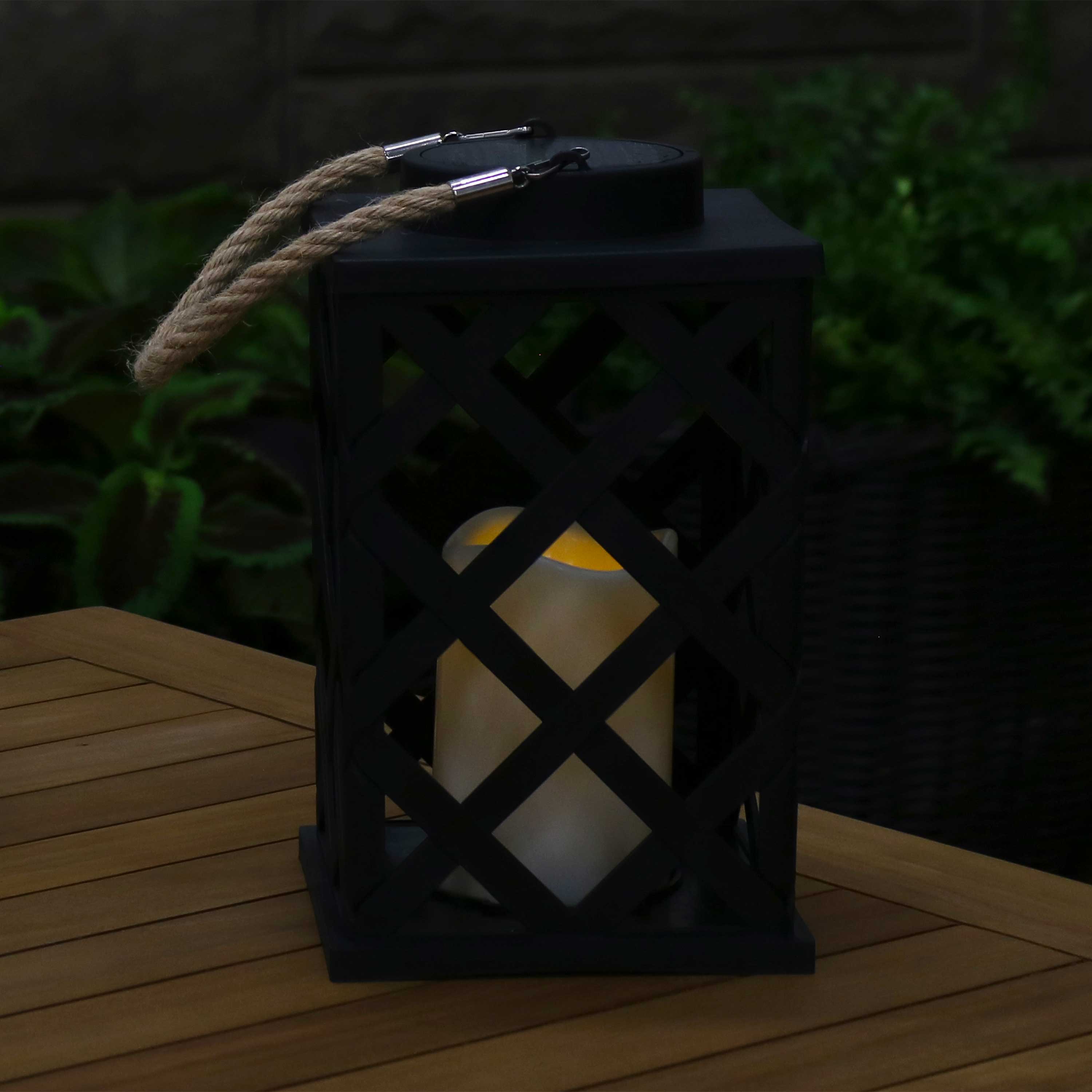 Sunnydaze Outdoor Modern Crosshatch Hanging Tabletop Solar LED Rustic Farmhouse Decorative Candle Lantern - 9