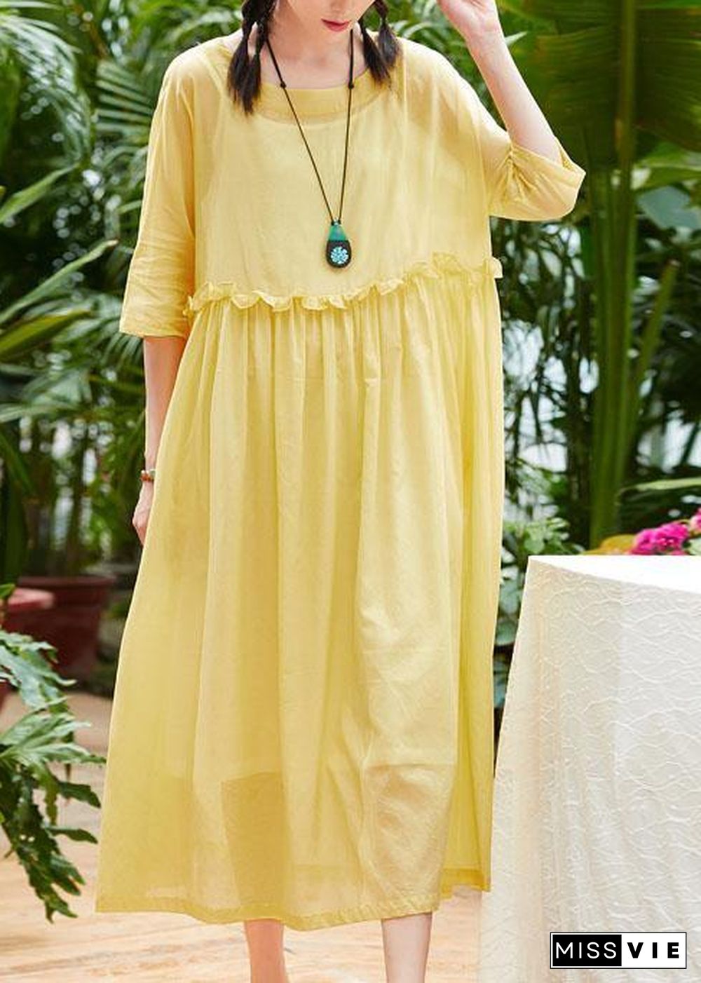 Handmade yellow cotton linen clothes o neck half sleeve Maxi summer Dresses