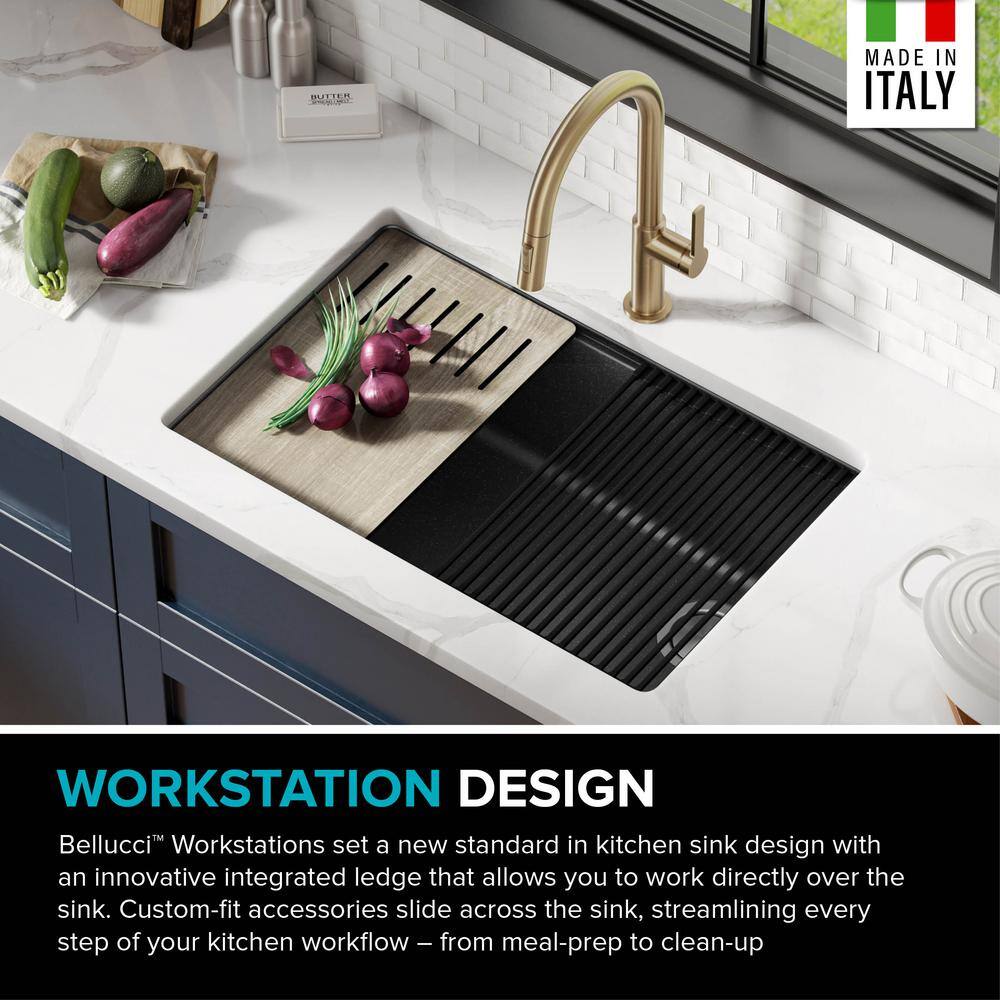 KRAUS Bellucci Black Granite Composite 30 in. Single Bowl Undermount Workstation Kitchen Sink with Accessories KGUW2-30MBL