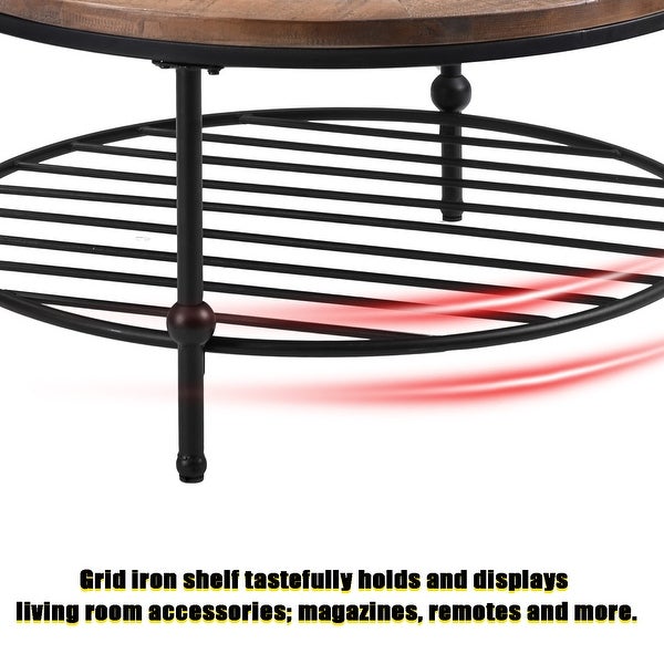 Round Console Table with a Storage Shelf and Solid Iron Support Base， Classic Rustic Coffee Table for Living Room， Easy Assembly