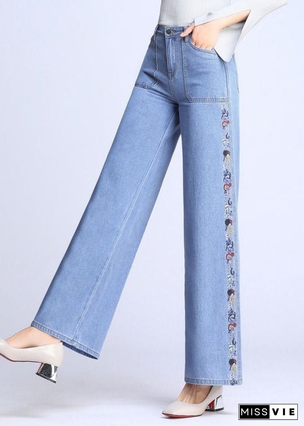 Natural Light Blue Embroideried Pockets Draping Cotton Women's Straight Pants Spring