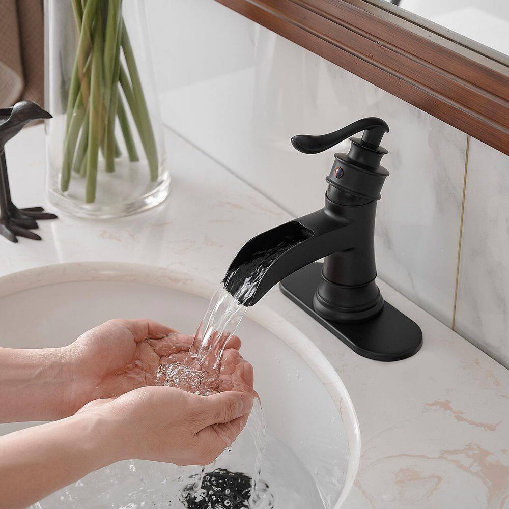 BWE Waterfall Single Hole Single-Handle Low-Arc Bathroom Faucet With Pop-up Drain Assembly In Matte Black A-96556-Black