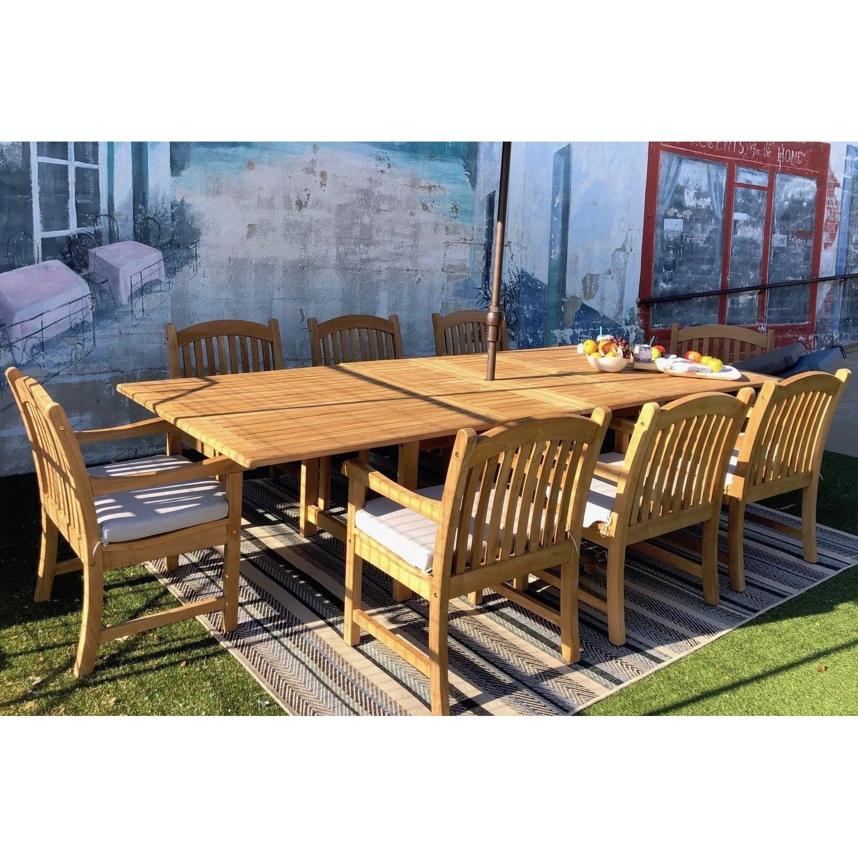 Teak Banquet 9pc Outdoor Dining Set (Teak Extendable Table 88-118 with 8 Teak Yacht Folding Yacht Arnchairs )