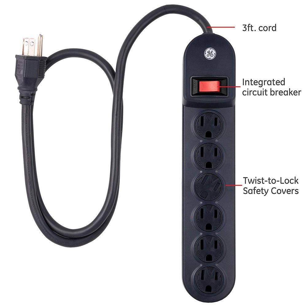 GE 6-Outlet Power Strip with 3 ft. Extension Cord Black 56223