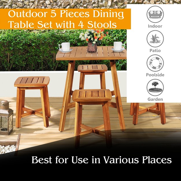 Costway 5pcs Acacia Patio Dining Set W square Table amp 4 Stools Reddish Brown