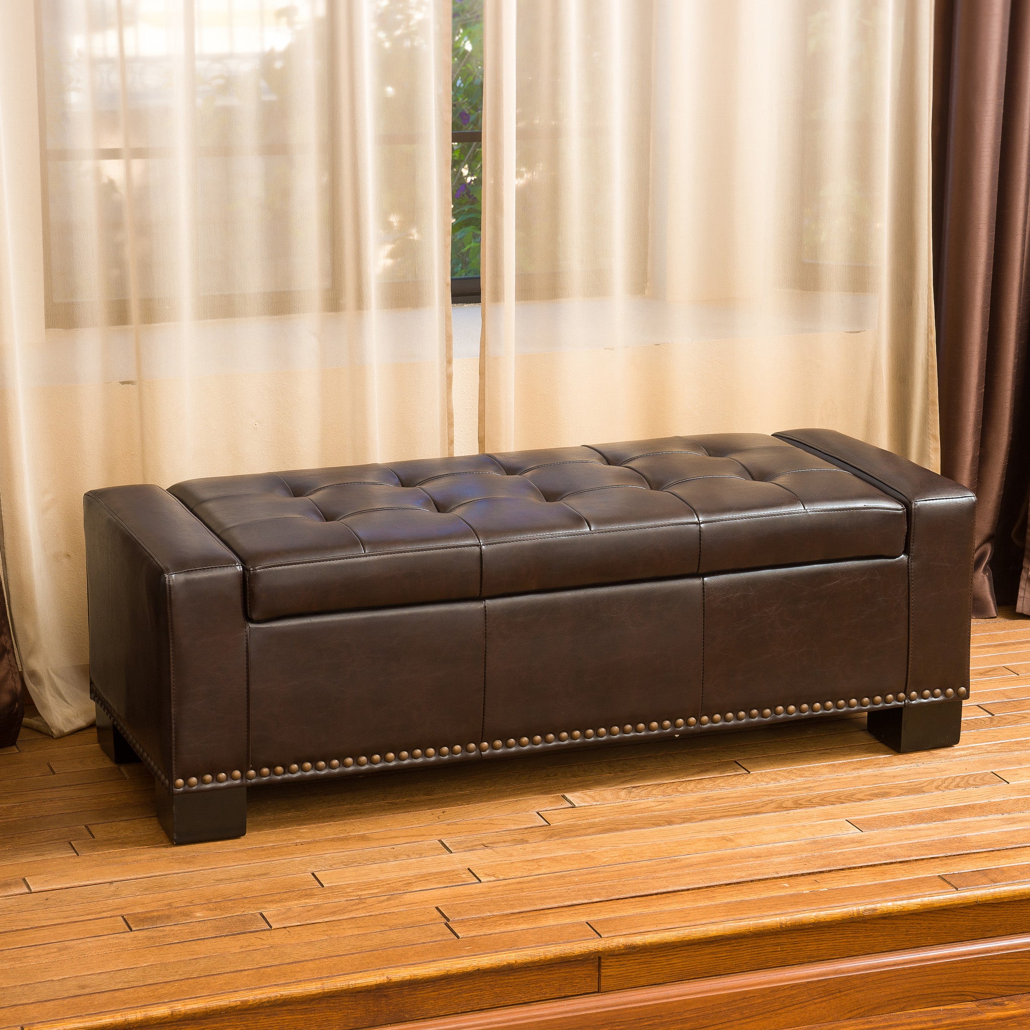 Renata Tufted Brown Leather Rectangle Storage Ottoman Bench