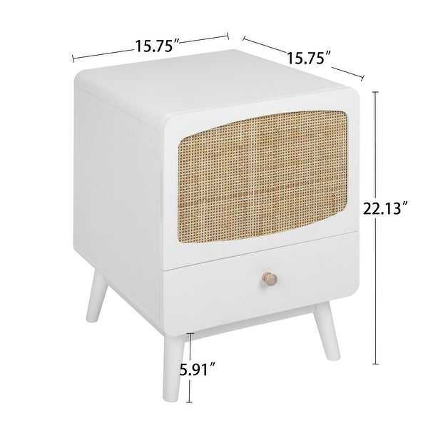 White Nightstand， Bedside Table with Storage Drawe Rattan Door