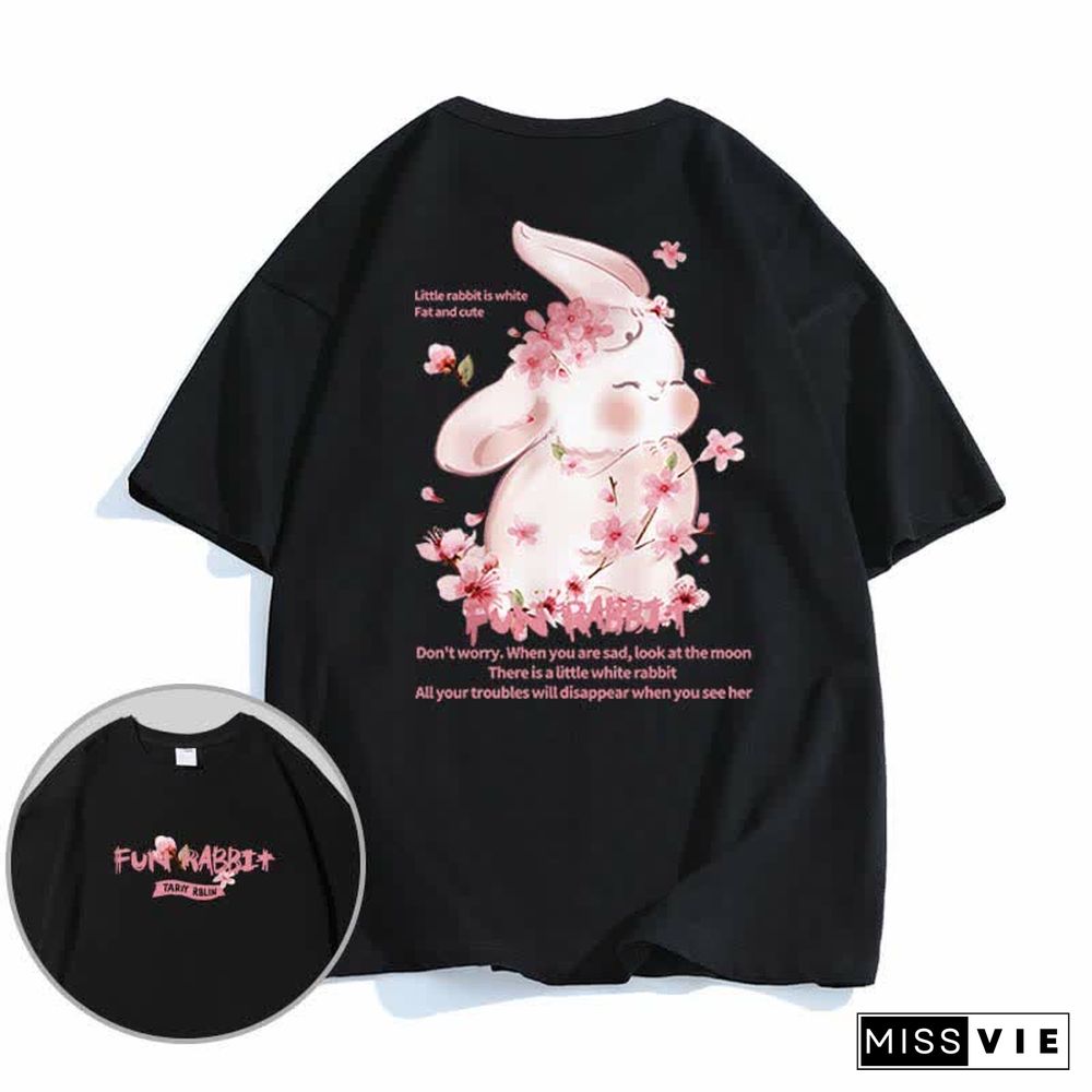 Cartoon Sakura Bunny Letter Print Round Collar T-Shirt