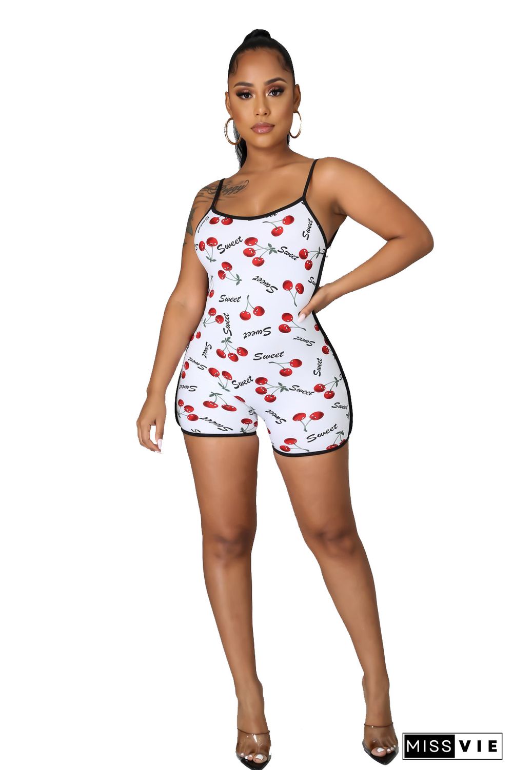 Women Summer Casual Print Spaghetti Strapless Backless Mid Waist Skinny Homewear Romper