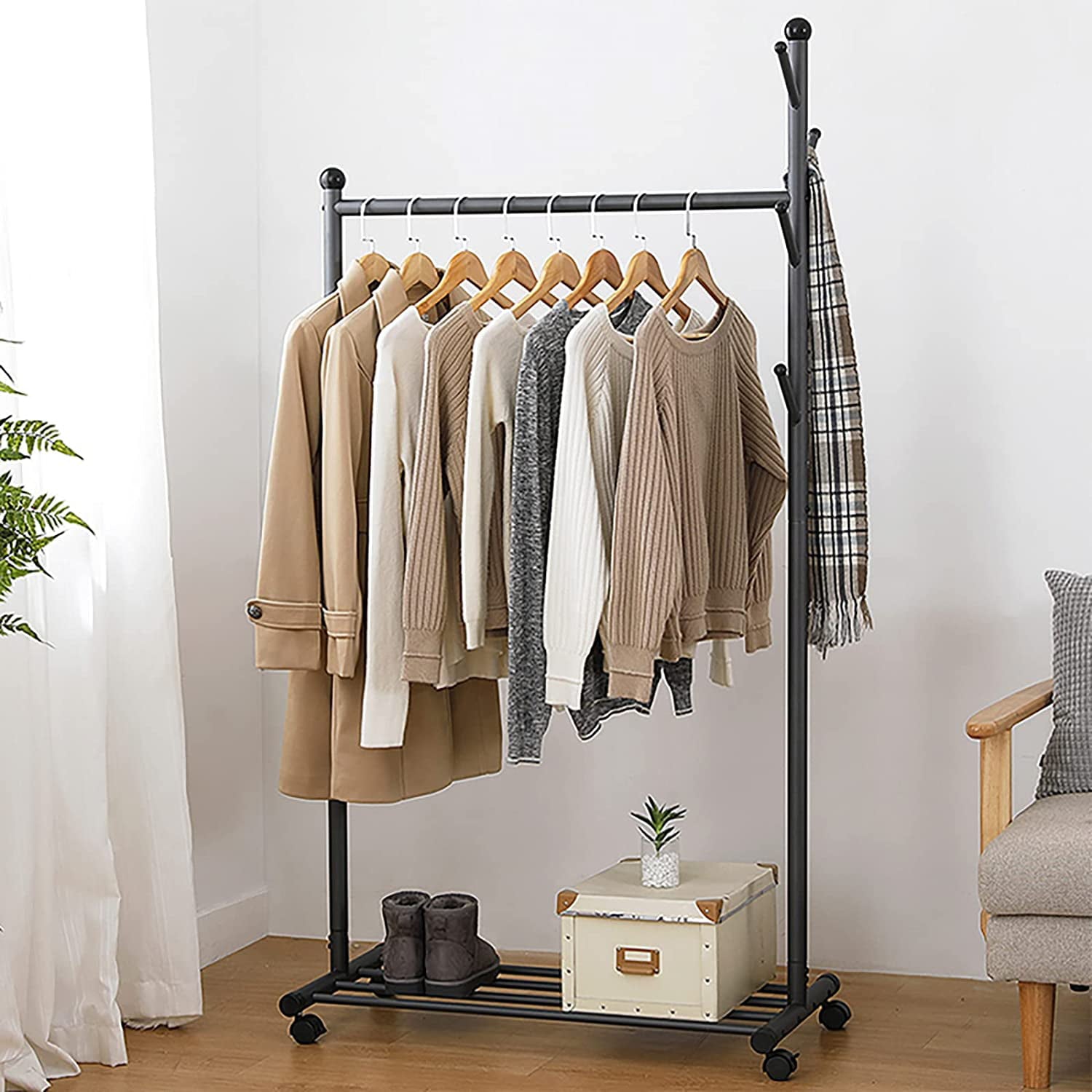 Flkoendmall Clothes and Hat Rack Movable Garment Hanger+ Shoes Shelf+HatandBags Hanging Hooks Gray