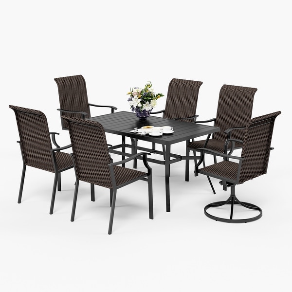 MAISON ARTS Outdoor Patio 7Piece Dining Set，1 Metal Table with an Umbrella Hole and 6 PE Rattan Chairs