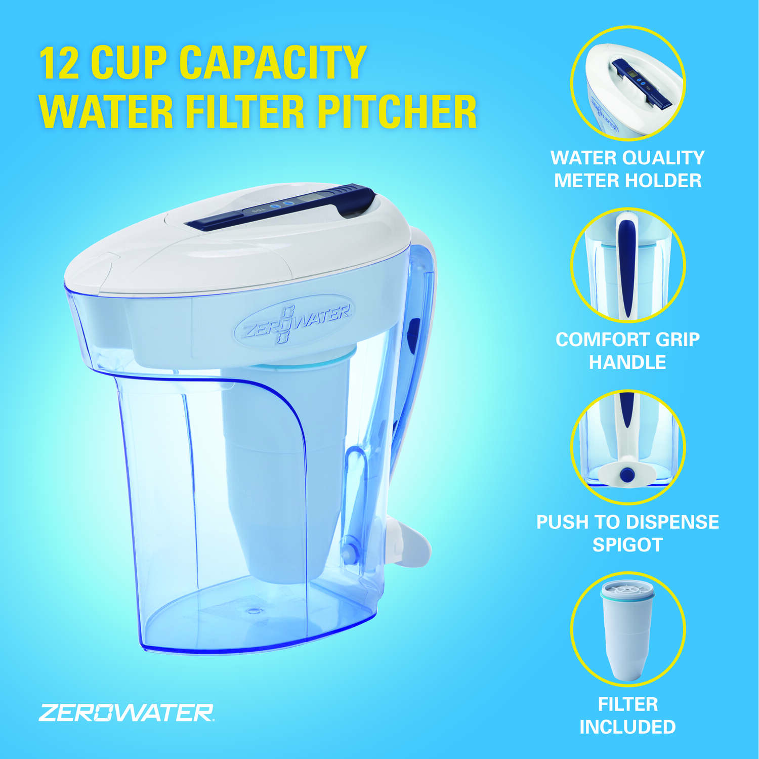 ZeroWater Ready-Pour 12 cups Blue Water Filtration Pitcher