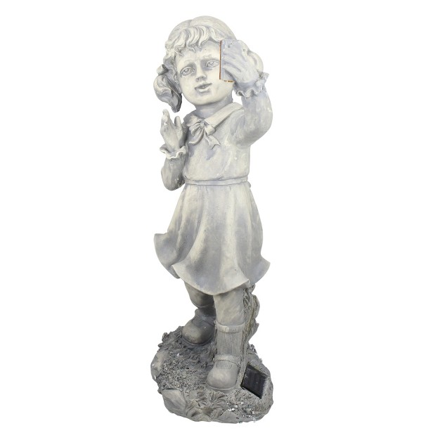 Distressed Gray Girl With Cell Phone Solar Powered Led Lighted Outdoor Patio Garden Statue