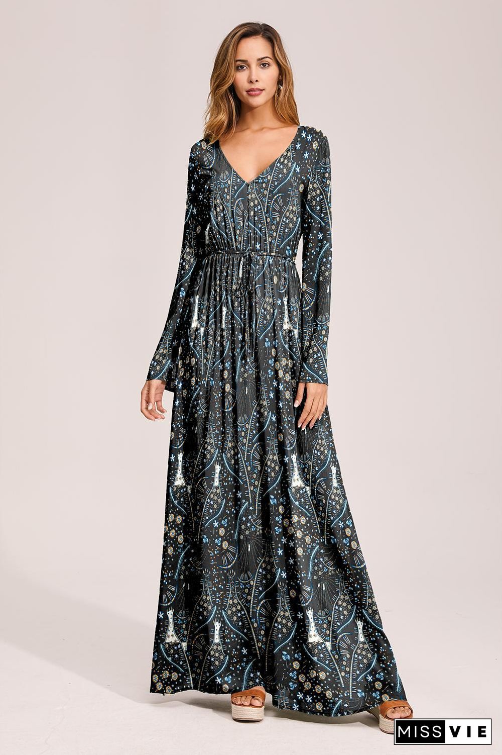 Floral Deep Long Sleeves Tie Back Ruffled Hem Maxi Dress