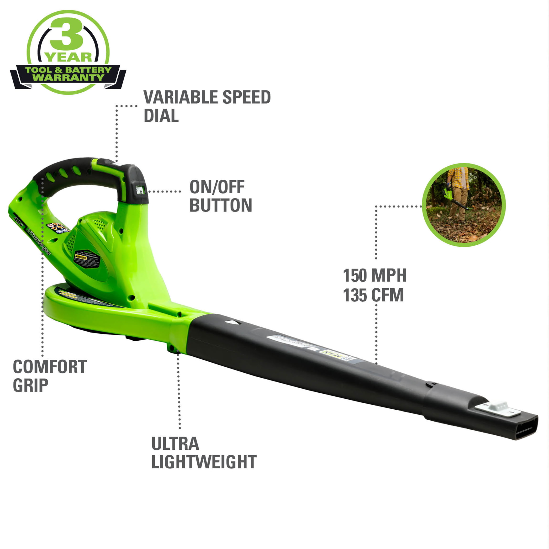 Greenworks 40V 135 CFM Cordless Leaf Blower/Sweeper， Battery Not Included， 24282