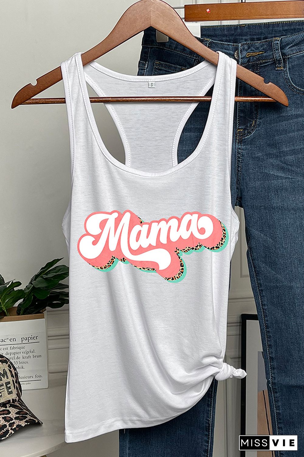 Mama Retro Leopard Pink Printed Sleeveless Tank Top Wholesale