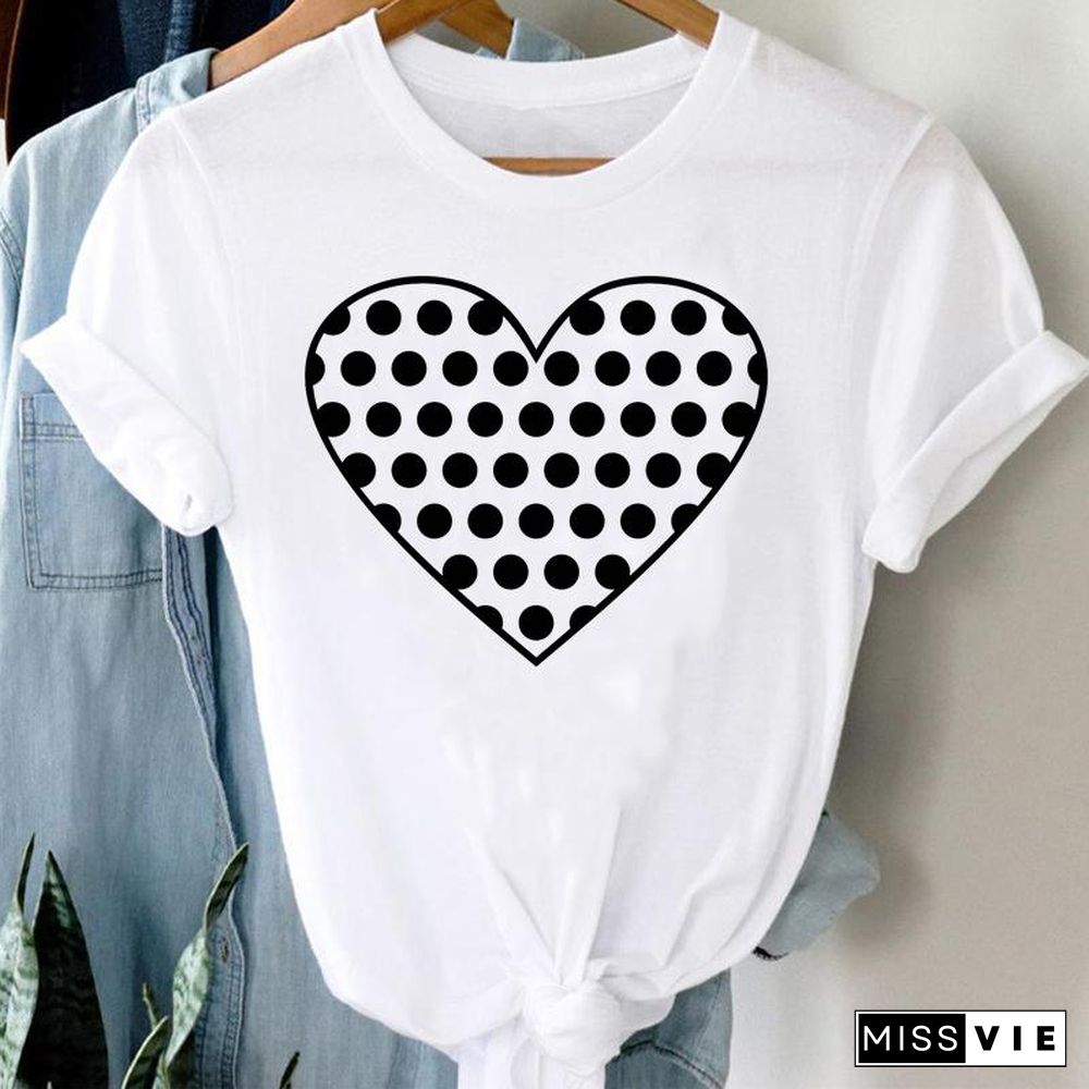 Tee Women Top Leopard Love Heart Cute Clothes Lady Casual Short Sleeve Fashion Summer Tshirt Regular Female Graphic T-Shirt