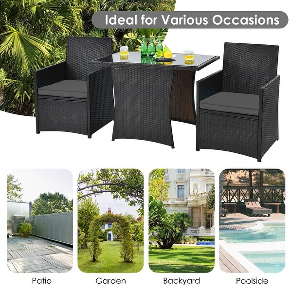 3PCS Patio Wicker Bistro Set PE Rattan Dining Table Set w/ Grey Cushions - Overstock - 37938511