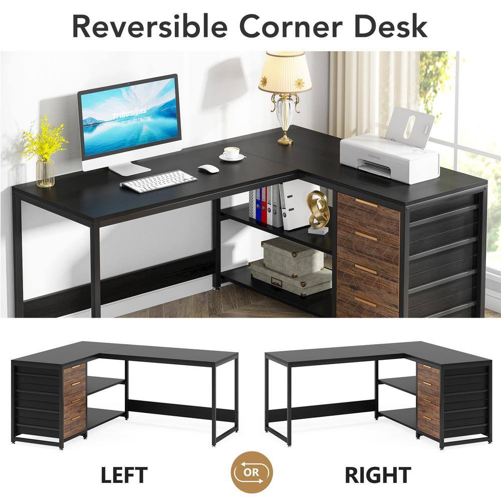 BYBLIGHT Lanita 59 in. L Shaped Black Particle Board 4 Drawer Computer Desk Reversible Corner Office Desk Sturdy Writing Table BB-XK00174XF