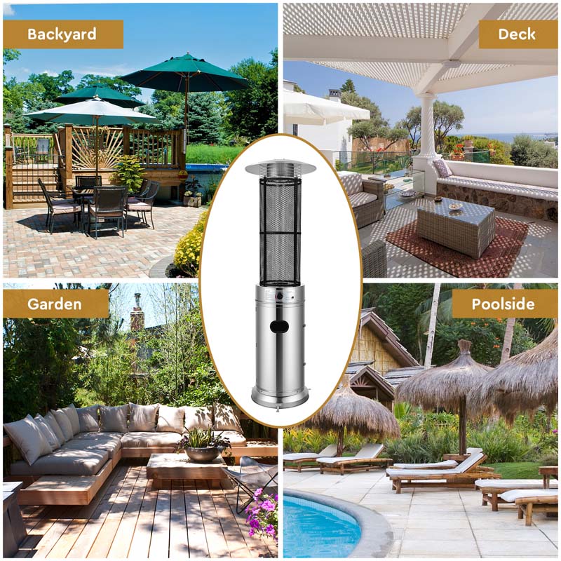 34,000BTU Standing Propane Patio Heater with Wheels, Stainless Steel Round Glass Tube Gas Outdoor Heater