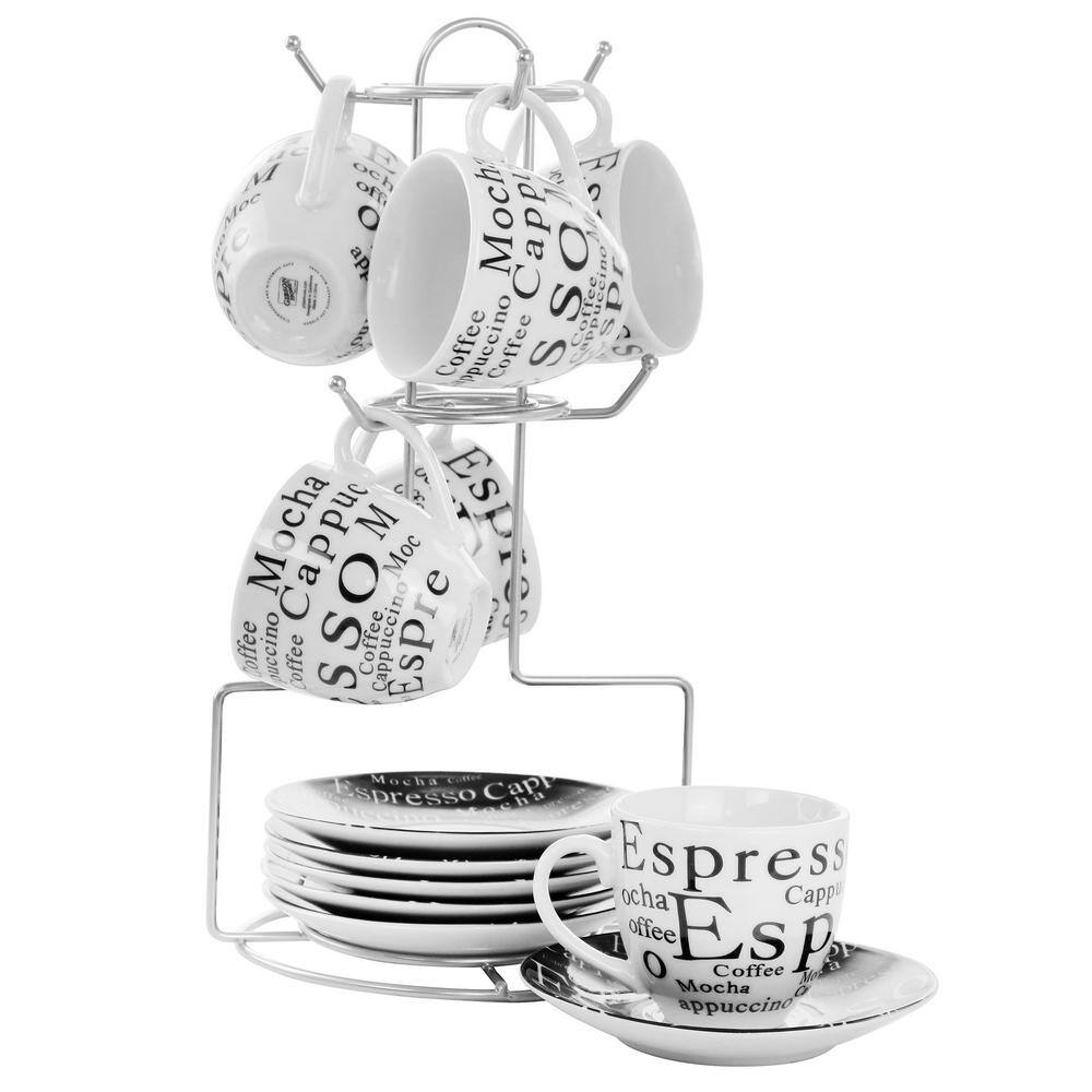 GIBSON HOME 13-Piece Espresso Mug and Saucer Set with Stand in White and Black 985118802M