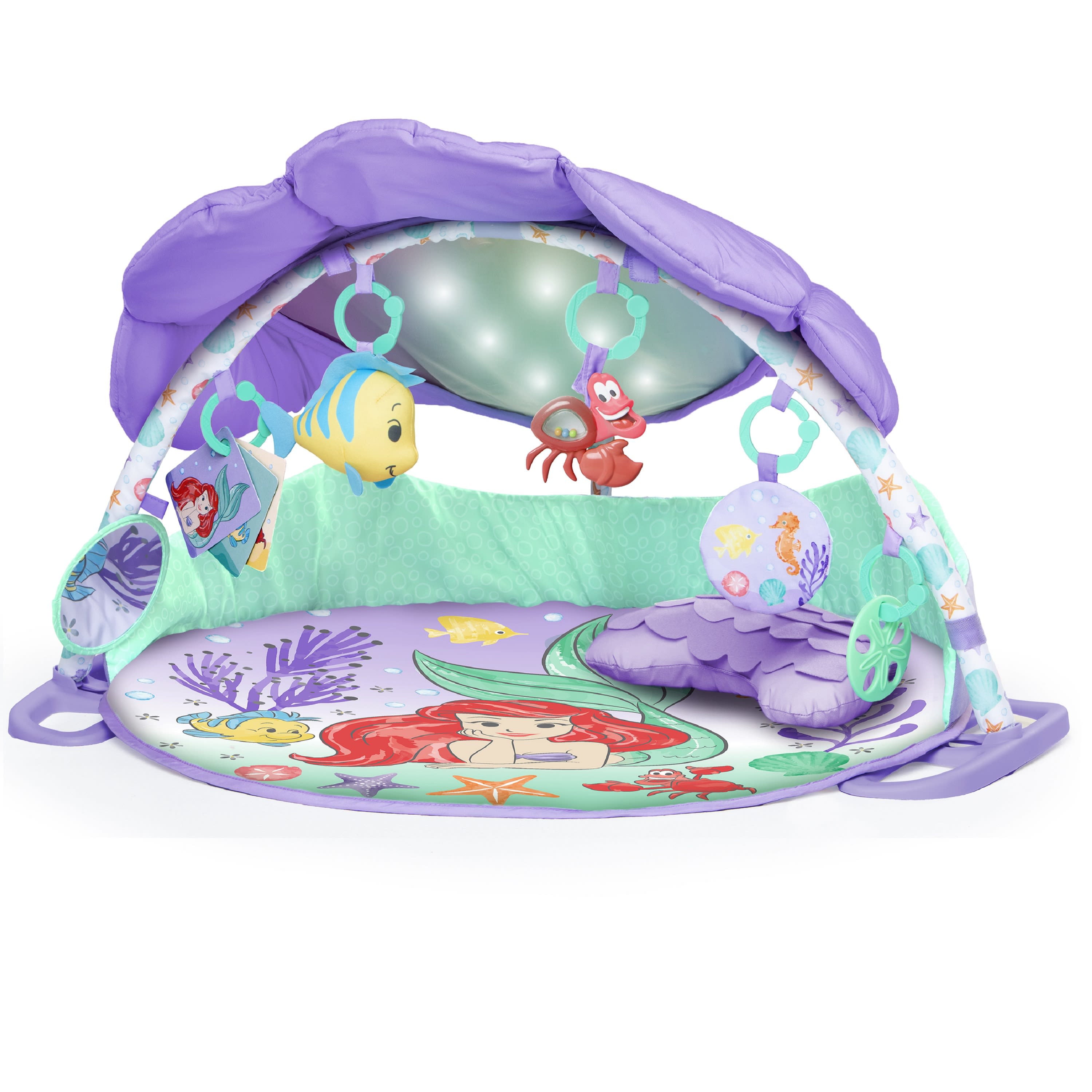 Bright Starts The Little Mermaid Twinkle Trove Light-Up Musical Baby Activity Gym with Tummy Time Pillow， Newborn+