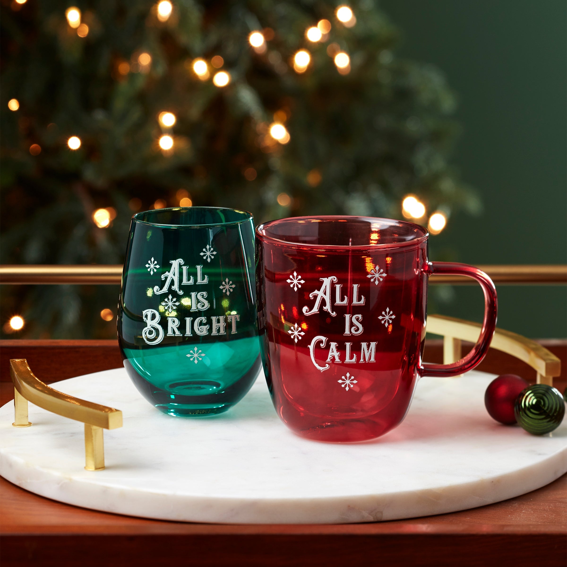 18 Oz Red/Green Mug & Wine Glass, Set Of 2