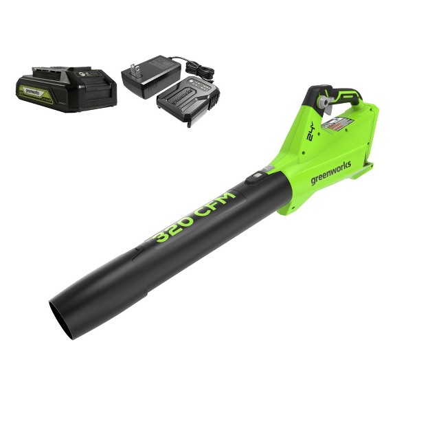 Greenworks Powerall 24v 2ah Cordless 320fm 90mph Axial Leaf Blower Kit With Battery And Charger Included