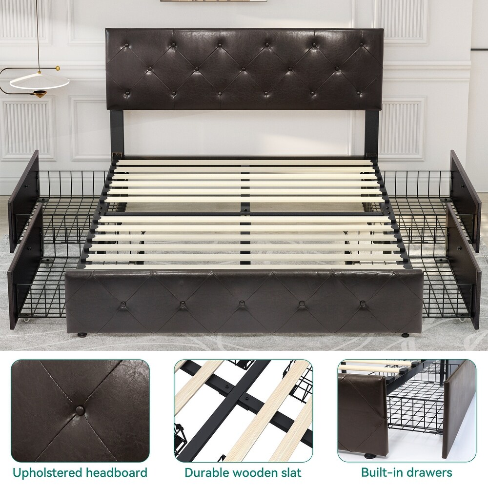 PU Tufted Upholstered Headboard Platform Bed Frame with Storage Drawer