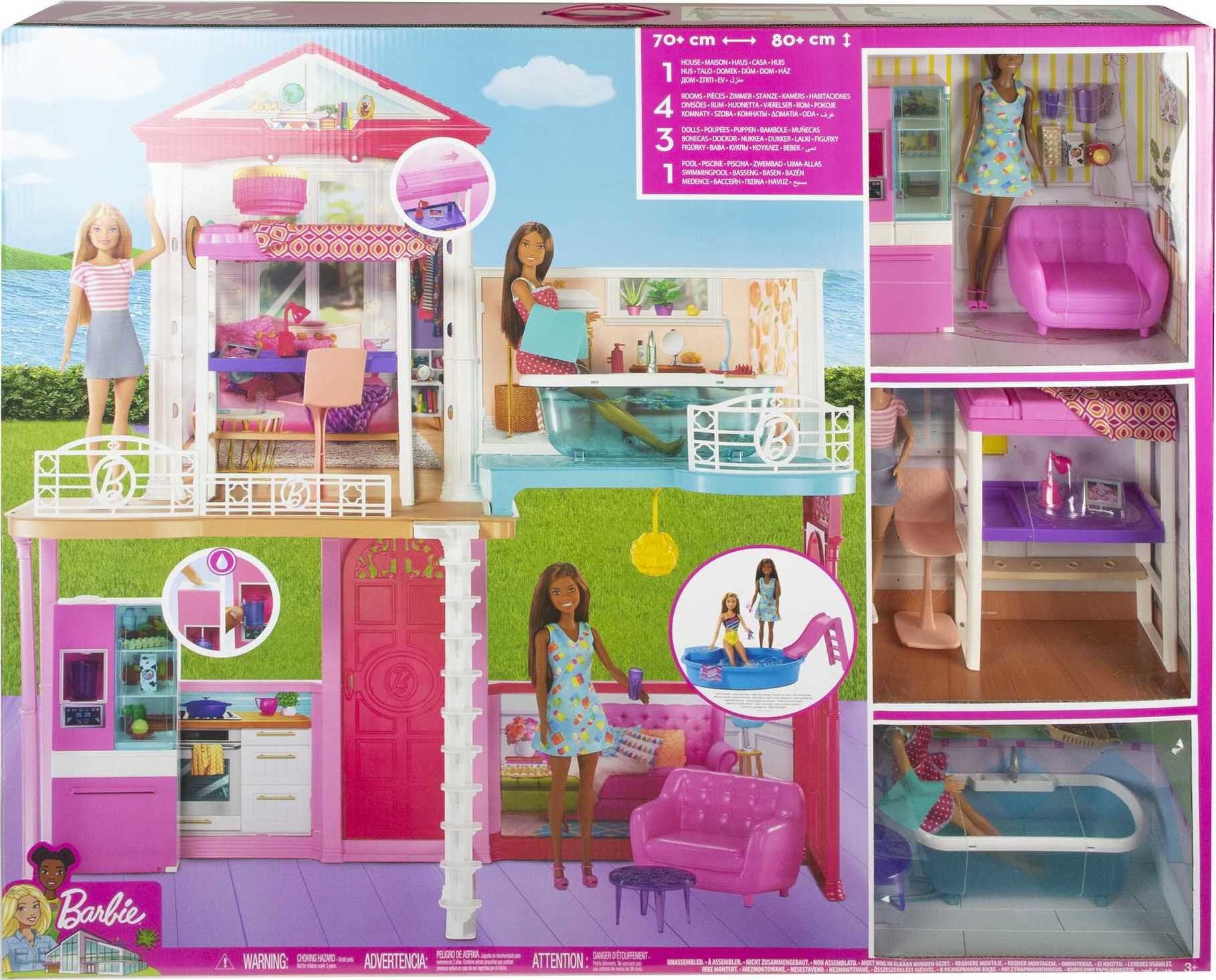 Barbie Dollhouse Set with 3 Dolls and Furniture， Pool and Accessories